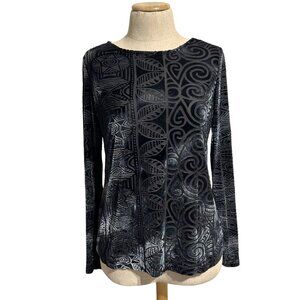 Chicos Women's Sz M Y2K Long Sleeve Velvet Burnout Patterned Top Tribal Designs